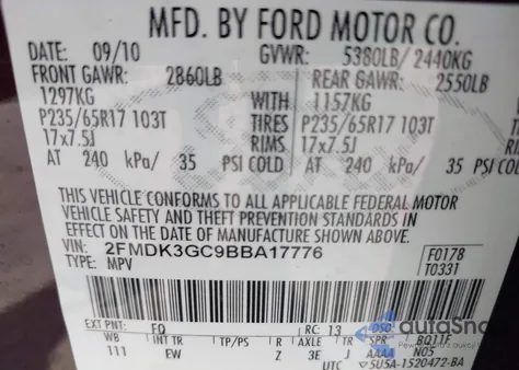 2011 Ford Edge Se из США, поврежденный, VIN 2FMDK3GC9BBA17776